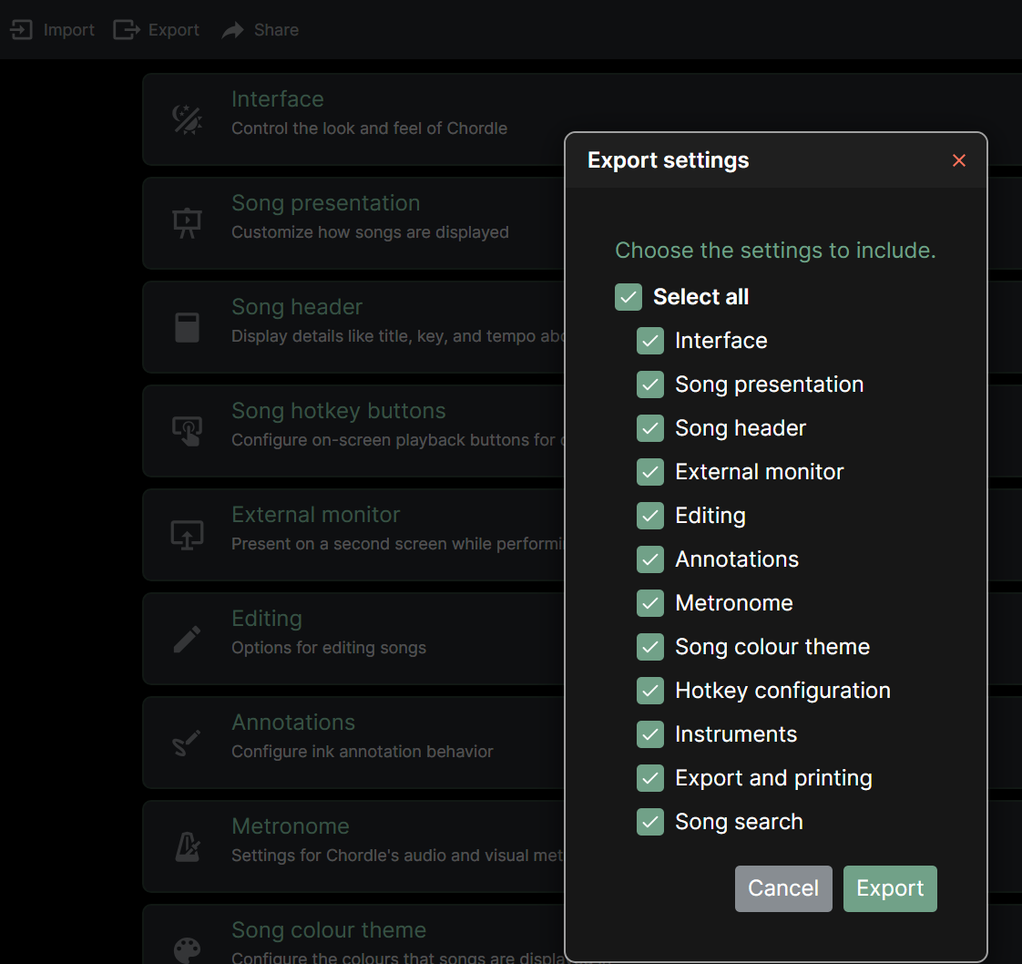 The Export settings dialog in front of the settings page, listing the sections that can be included, from Interface to Song search, each with a tick box, and Select all at the top. Cancel and Export buttons are at the bottom.