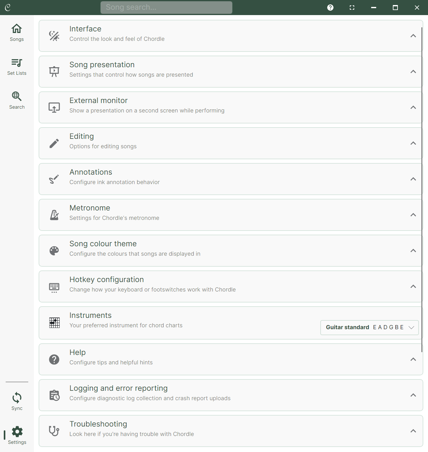 The Chordle settings menu displaying a list of collapsible sections: Interface, Song presentation, External monitor, Editing, Annotations, Metronome, Song colour theme, Hotkey configuration, Instruments, Help, Logging and error reporting, and Troubleshooting.