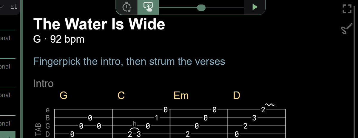 A song in the Chordle player with a header above the song: the title The Water Is Wide in large bold text, then G · 92 bpm underneath.