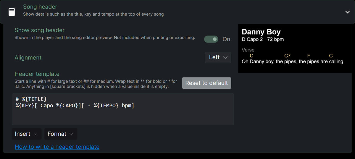 The Song header settings section, with the Show song header switch turned on, an alignment picker, the header template box with Insert and Format menus below it, and a preview of the header on a sample song.