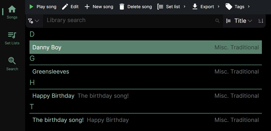 A screenshot of the Chordle song library interface. The screen features a dark-themed layout with a navigation sidebar on the left and a central library list. The sidebar includes categories for &lsquo;Songs&rsquo; and &lsquo;Set lists&rsquo; with a plus icon to add new items. The main library area displays a list of song titles and artists, with a search and filter bar at the top