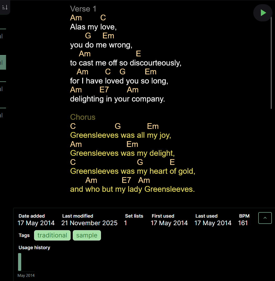 A screenshot of the Chordle song library song preview. The screen features the Greensleeves song text. A section at the bottom contains additional information about the song, including when it was added to the library, last updated, and how many times it has been included in set lists
