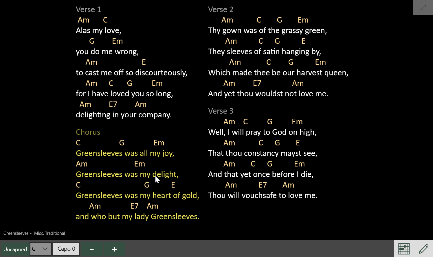 Screenshot of Chordle fitting a song to the current screen layout