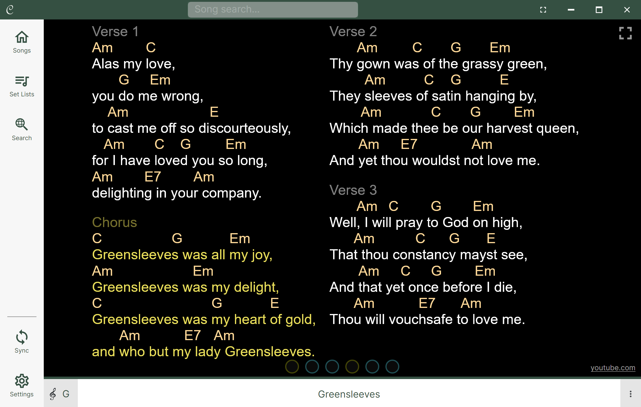 Screenshot of Chordle fitting a song to the current screen layout. Greensleeves is displayed as a two column layout with two sections in each column.