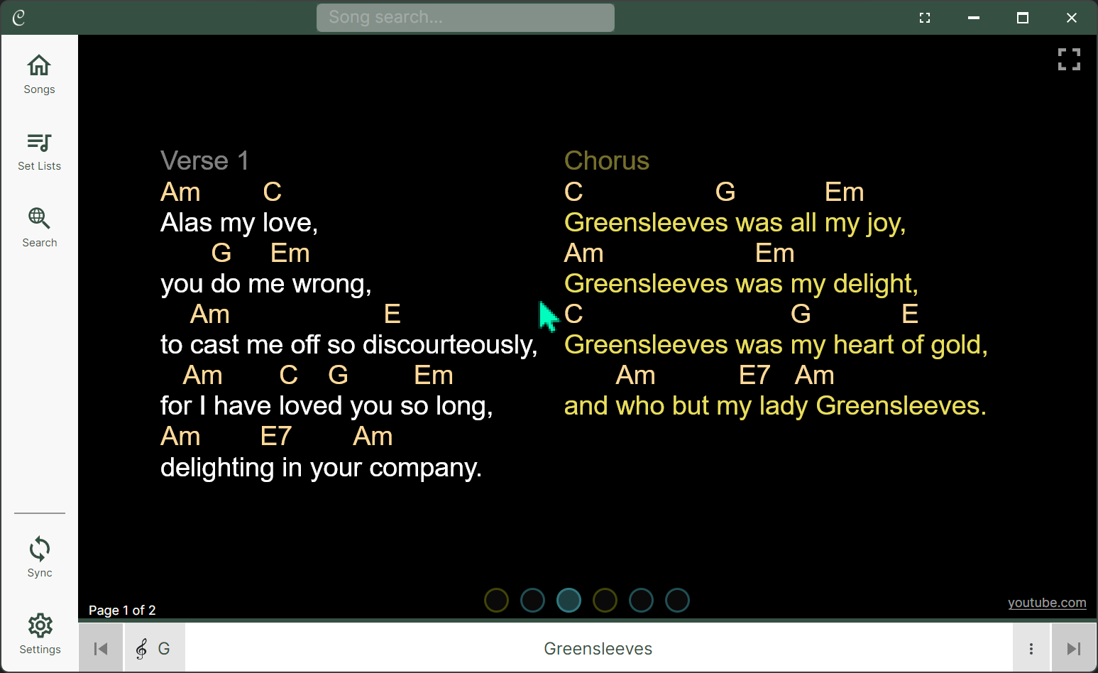 Screenshot of Chordle displaying a song in paginated mode. Only the first two sections are displayed side-by-side. In the bottom left of the screen &ldquo;Page 1 of 2&rdquo; is displayed.
