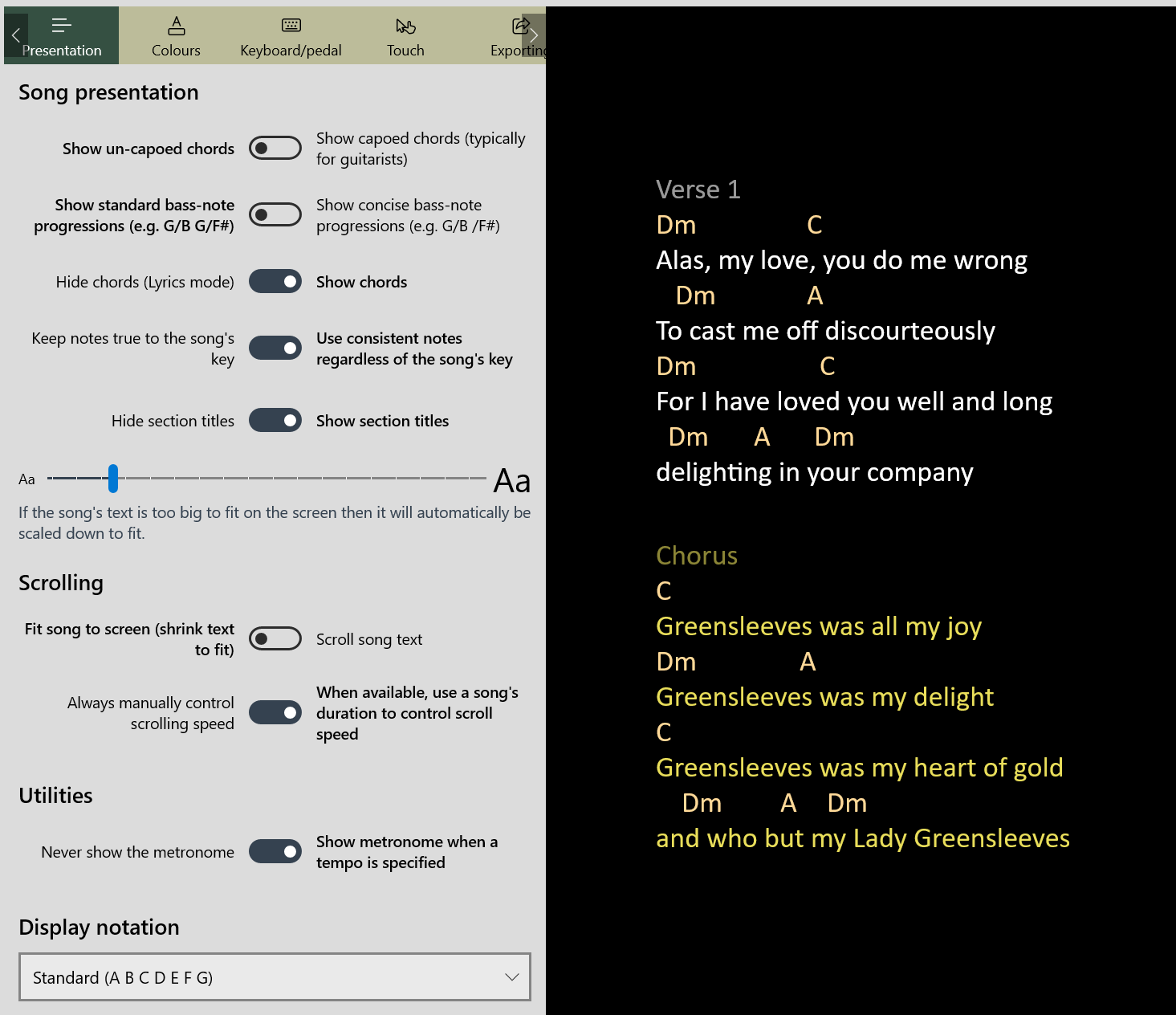 Screenshot of the Presentation settings section