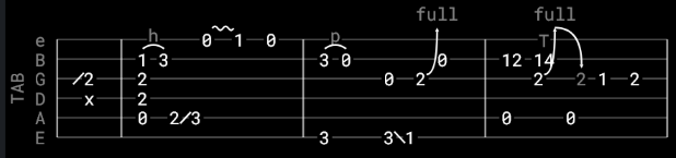 A tablature section showing six string lines with a TAB label on the left. Fret numbers sit on the lines, with arcs over hammer-ons and pull-offs, diagonal lines for slides and the word &ldquo;full&rdquo; above bends.