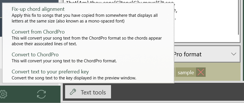 Screenshot of the text tools menu, showing the options &ldquo;Fix-up chord alignment&rdquo;, &ldquo;Convert from ChordPro&rdquo;, &ldquo;Convert to ChordPro&rdquo; and &ldquo;Convert text to your preferred key&rdquo;