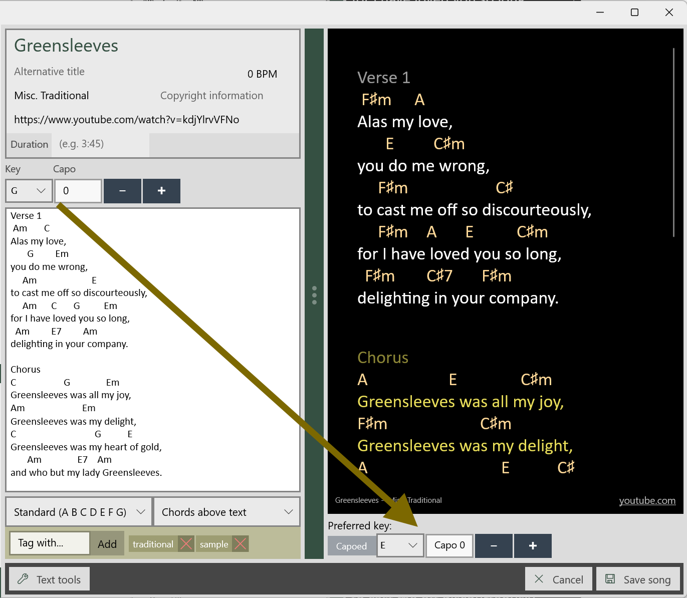 Screenshot showing a song being edited in a different key to the one it is presented in