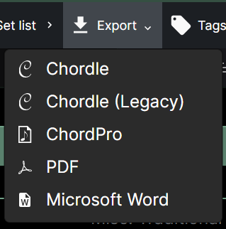 The sub-menu for Export with options for Chordle, Chordle (Legacy), ChordPro, PDF and Microsoft Word