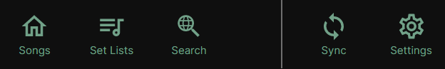 Navigation bar showing, in order, the song library, set list library, online search, syncing and importing and settings