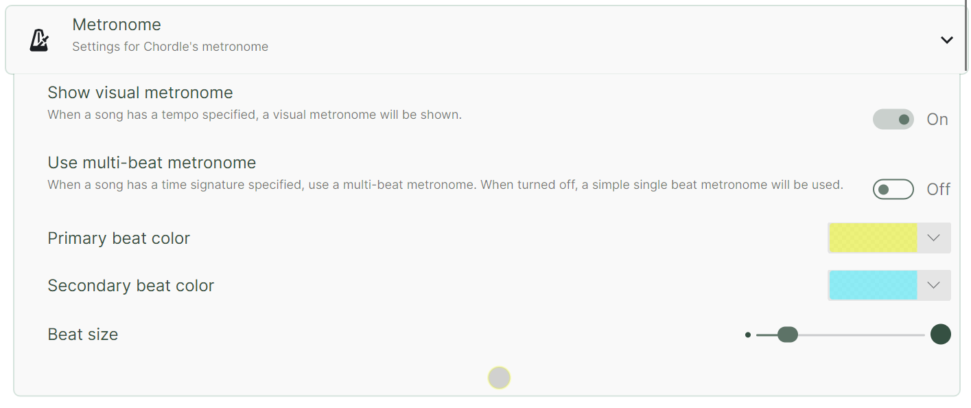 A screenshot of Chordle&rsquo;s Metronome settings menu showing toggles for visual and multi-beat modes alongside customization options for beat colors and size.