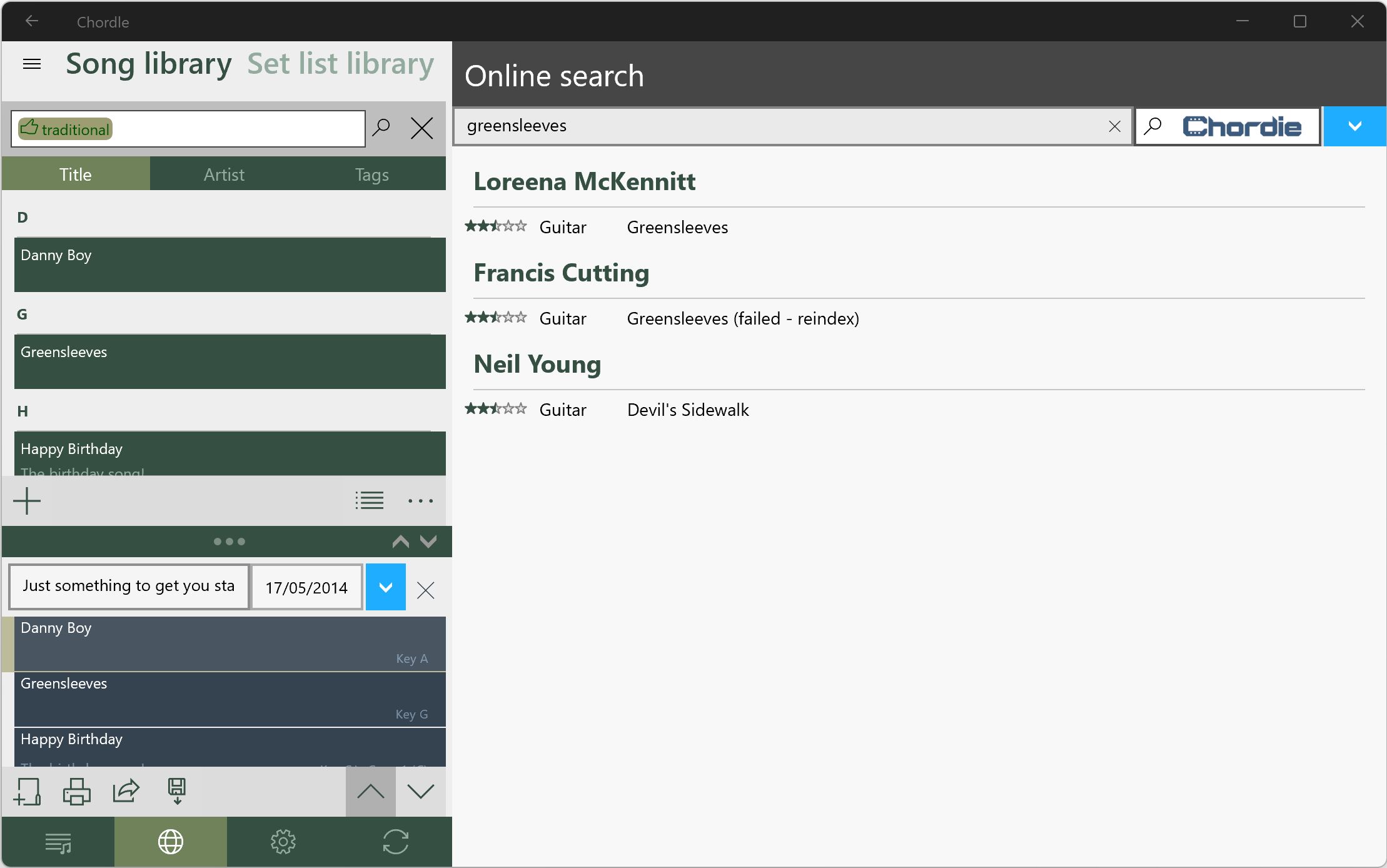 Screenshot showing the online search results window in Chordle