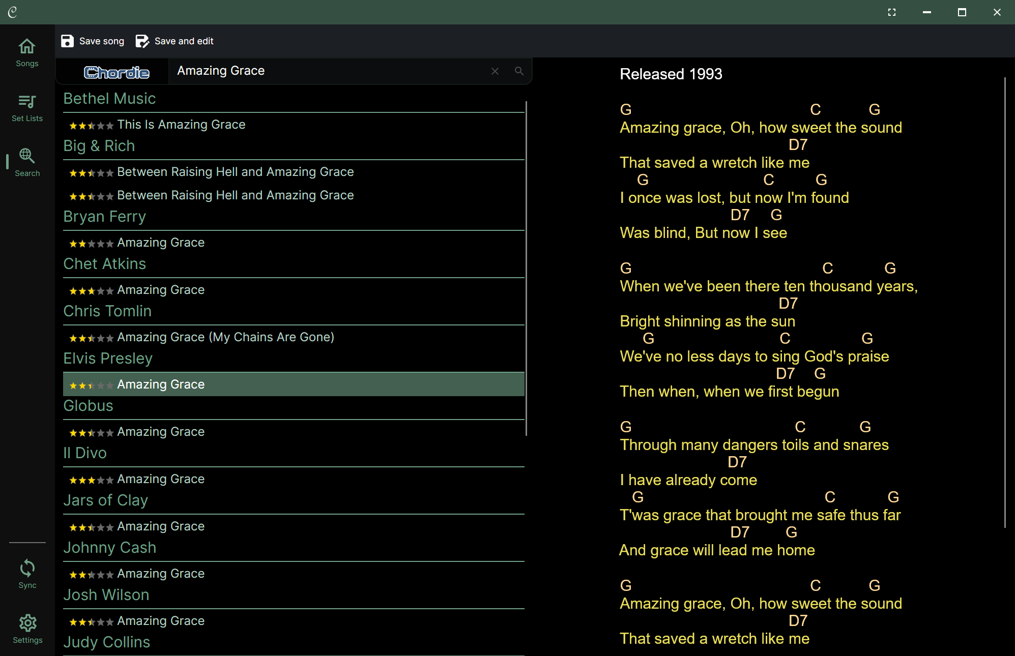 A screenshot of the Chordle &lsquo;Search&rsquo; interface. Screen is split into a results list on the left and a song preview on the right. The search bar at the top shows a query for &lsquo;Amazing Grace&rsquo; using the &lsquo;Chordie&rsquo; search provider. The results list displays various versions of the song grouped by artist (e.g., Elvis Presley, Chris Tomlin) with star ratings. The preview pane on the right shows the lyrics and chords for the selected Elvis Presley version. The top toolbar includes options to save the song."
